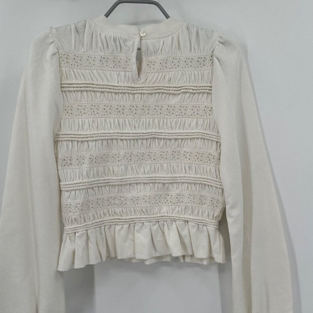 Sea New York Cream Rita Jersey Long Sleeve Smocked Top size S Peplum Eyelet Lace